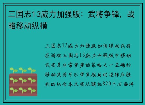 三国志13威力加强版：武将争锋，战略移动纵横